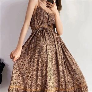 Tan/Black Leopard Print Boho Tie Waist Maxi Dress